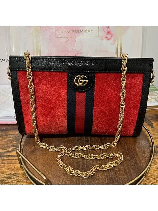Gucci Handbags - Gucci Ophidia Red Suede Black Leather Chain Med Bag